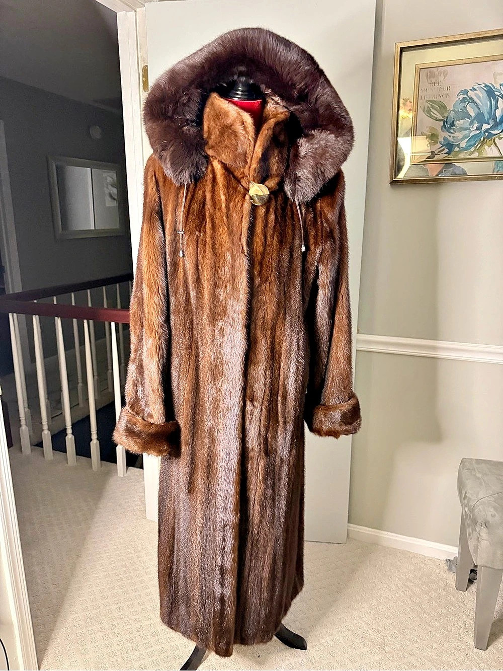 Miller's Furs Full-Length Mink Coat in Brown with detachable hood